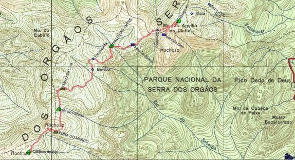 Mapa topográfico da trilha no nosso 2o dia de caminhada na travessia do Parque Nacional da Serra dos Órgãos, no Rio de Janeiro, do Castelo do Açu à Pedra do Sino. Nesse tipo de mapa, linhas próximas significam terreno mais íngrime